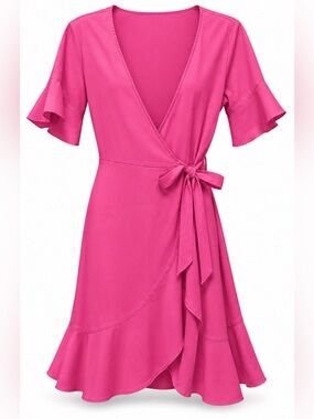 Women’s Hot Pink Satin Wrap Mini Dress with Ruffle Sleeves